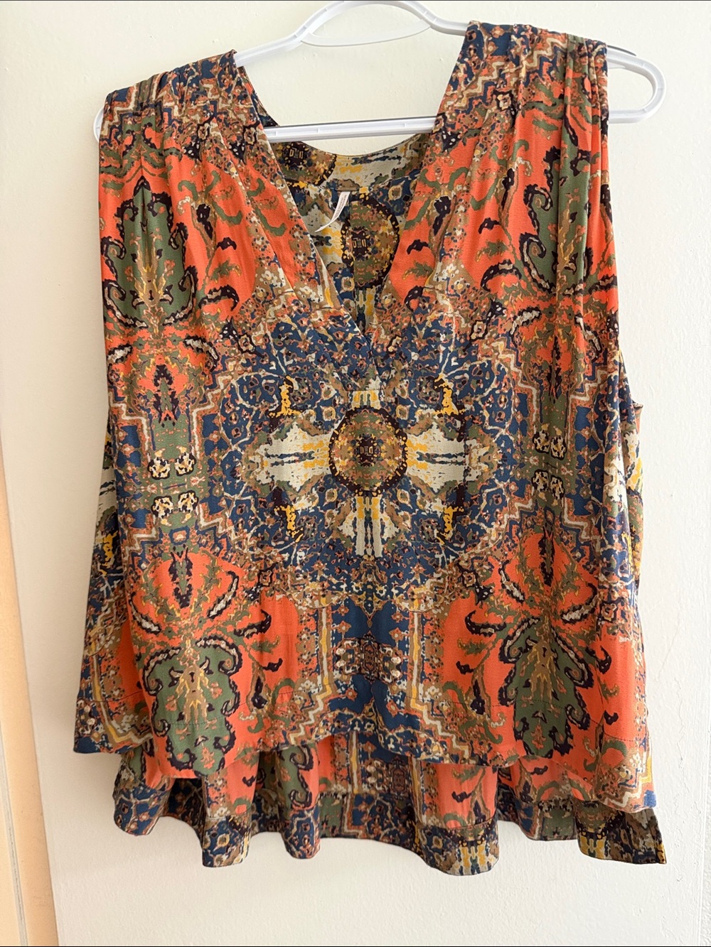 Free People Printed V-Neck Tank in Orange, Green and Navy